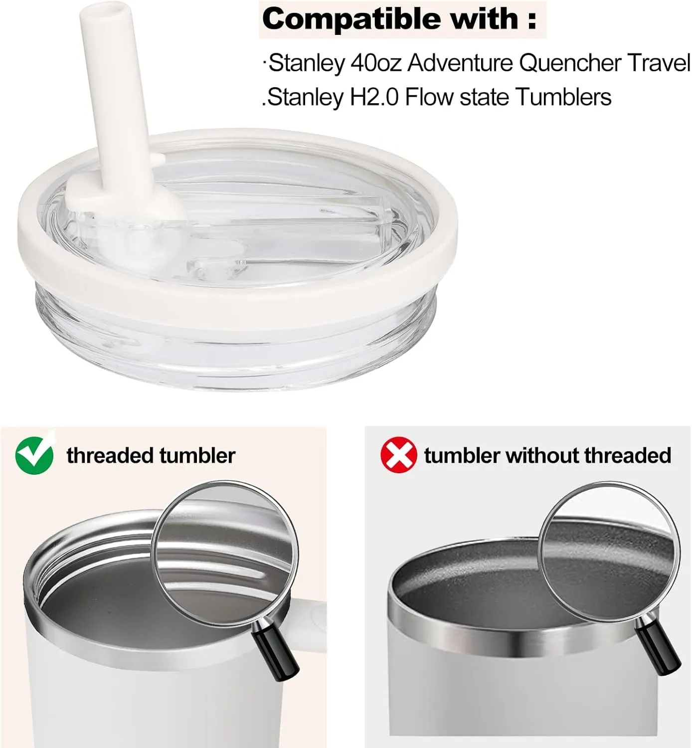 2 Pack 40 oz Tumbler Flip Straw Leak Proof Lid Replacement Fit for Stanley Quencher,40 oz Tumbler Lid Replacement for Stanley Cup,No Spill Proof Straw Cover for Stanley Accessories (Cream White)