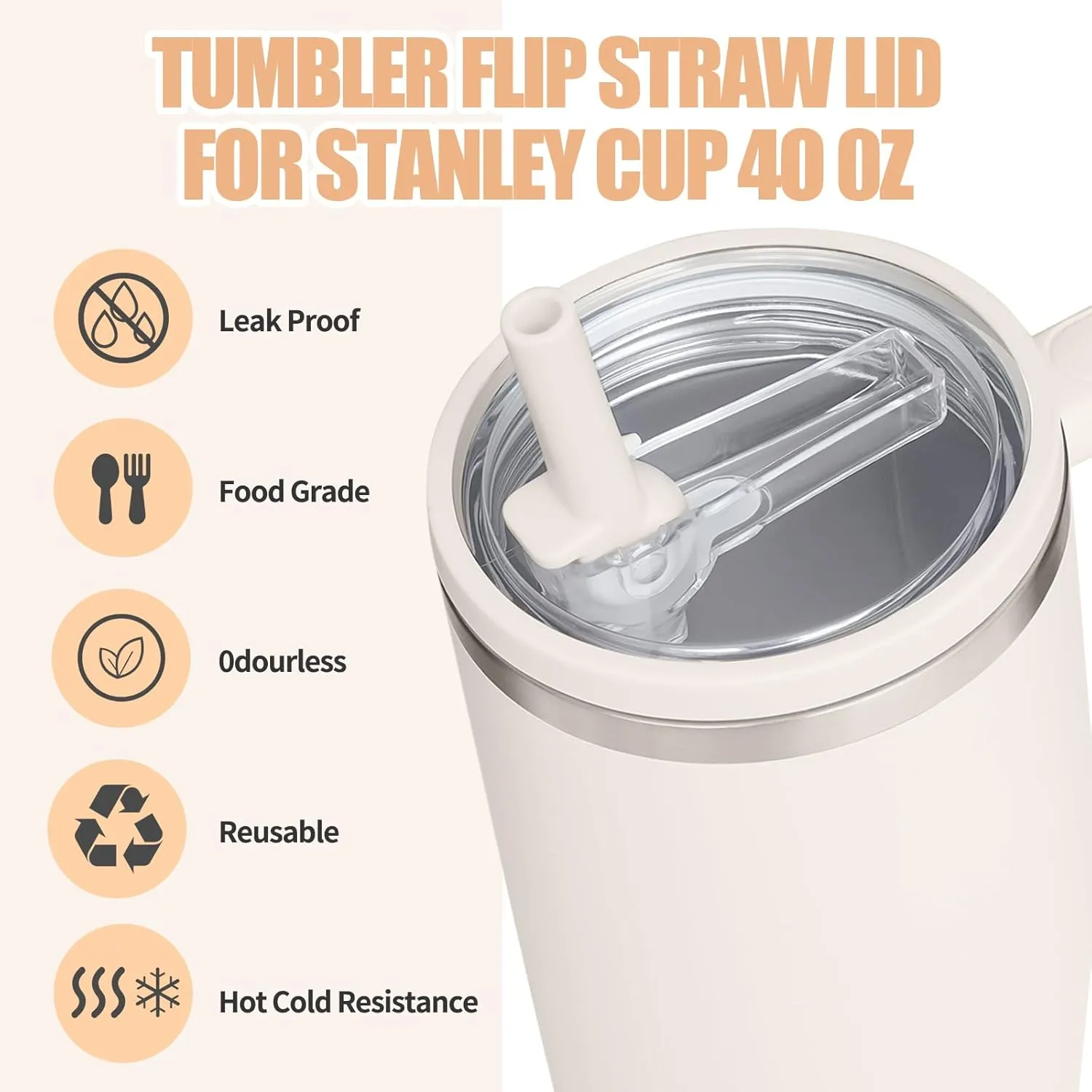 2 Pack 40 oz Tumbler Flip Straw Leak Proof Lid Replacement Fit for Stanley Quencher,40 oz Tumbler Lid Replacement for Stanley Cup,No Spill Proof Straw Cover for Stanley Accessories (Cream White)