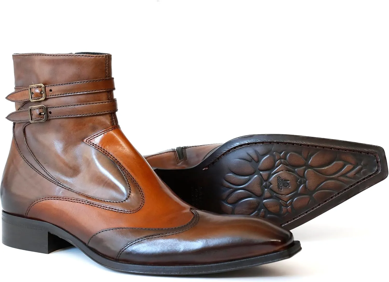 4765 Italian Brown/Cognac Leather Ankle Boots W/2 Buckles,Zipper