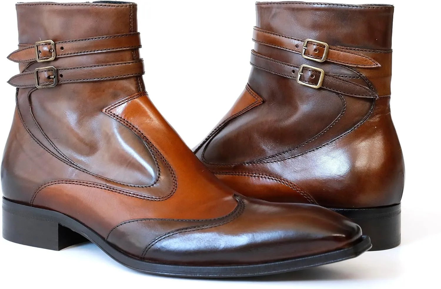 4765 Italian Brown/Cognac Leather Ankle Boots W/2 Buckles,Zipper