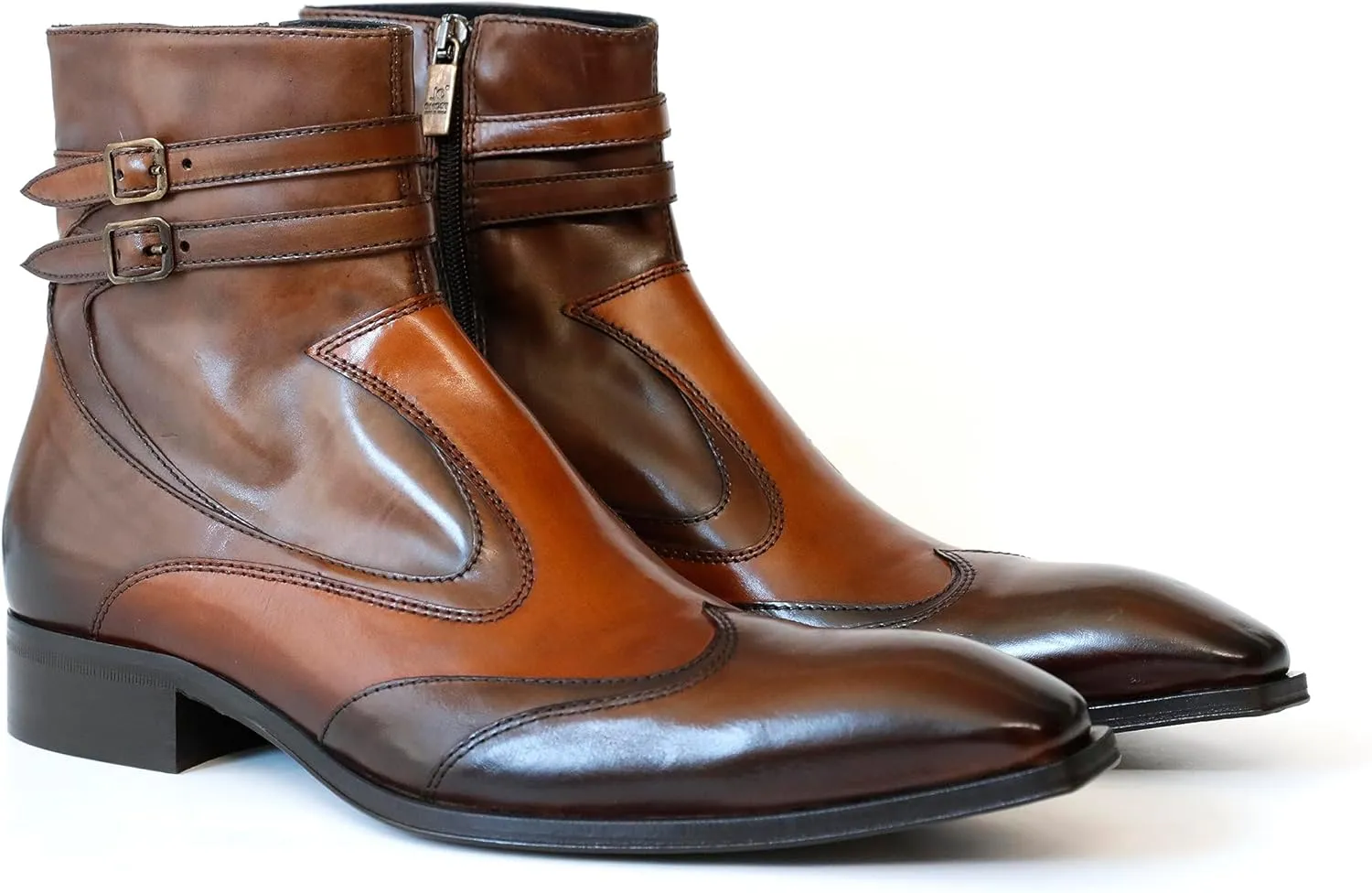 4765 Italian Brown/Cognac Leather Ankle Boots W/2 Buckles,Zipper