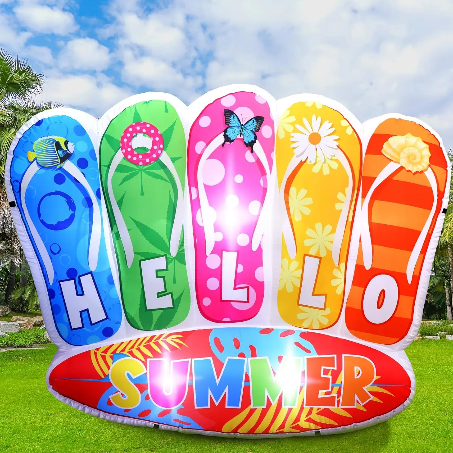 4.92 ft Summer Inflatable Flip Flop with Surfboard Decorations LED Blow up Inflatable Slippers Outdoor Decor for Summer Hawaiian Beach Surfing Party Yard Lawn Supplies ()