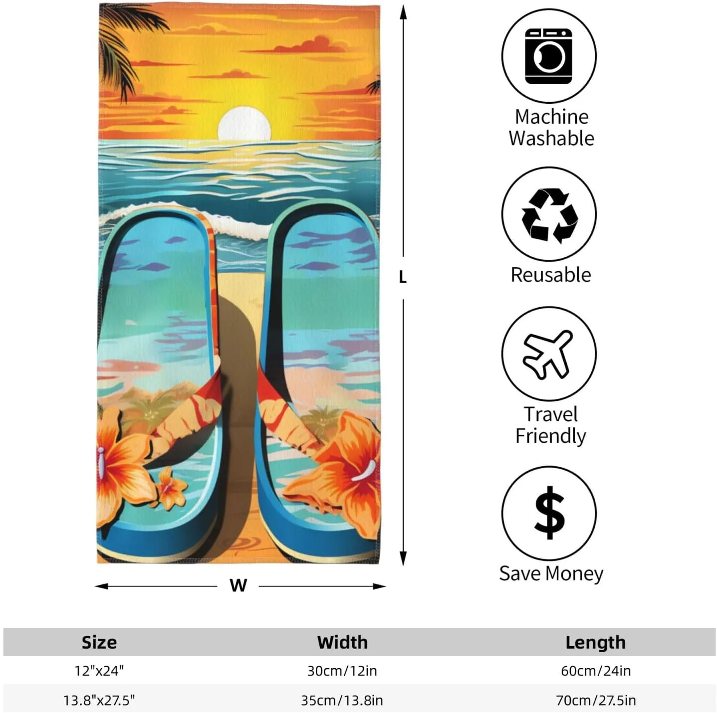 Absorbent Hand Towels 12"X24" Decorative Bathroom Towel Soft Microfiber Face Towel Flip Flops and Tropical Beach Scene Dish Kitchen Towels for Bathroom Kitchen Hotel Spa Bath Towels