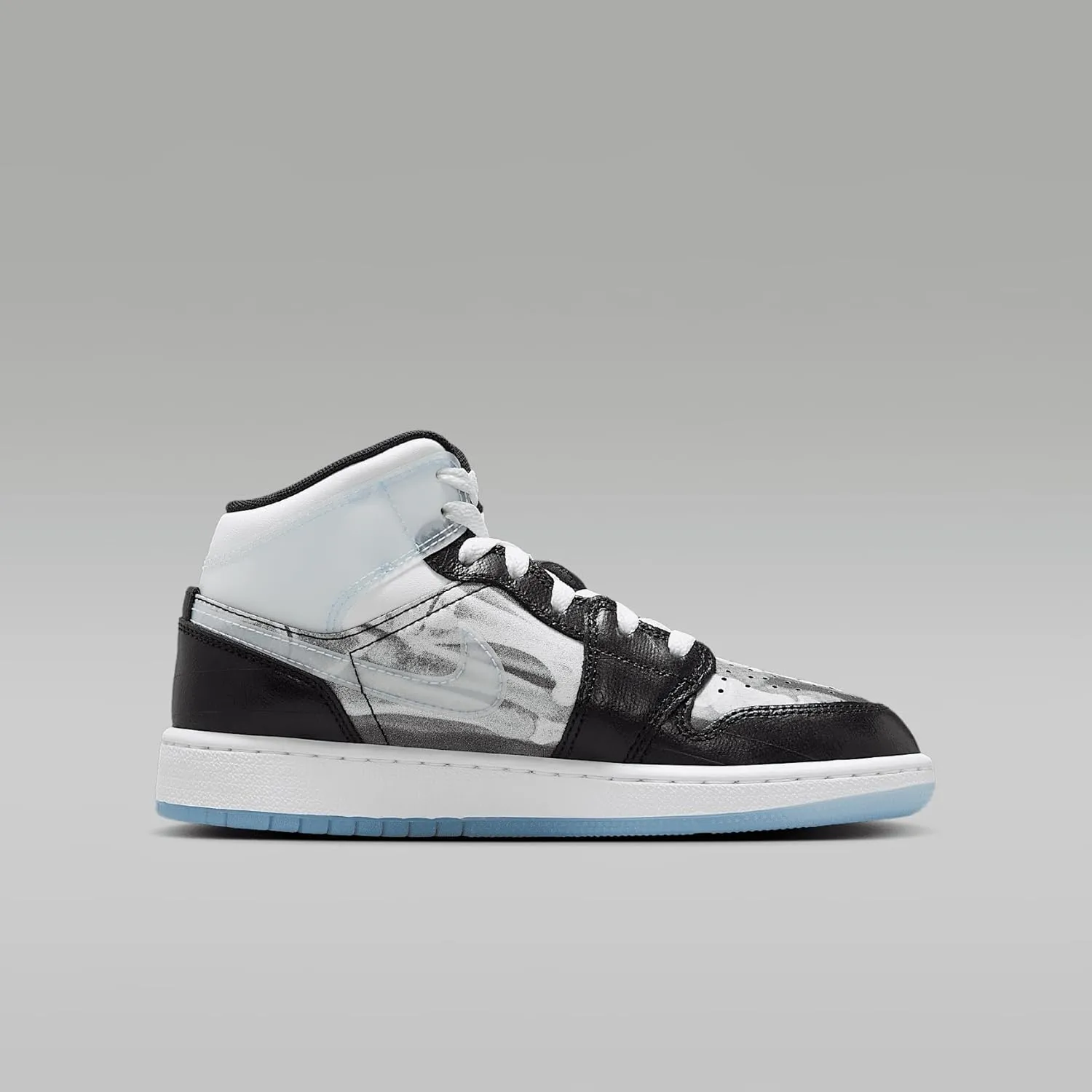 Air Jordan 1 Mid Sneaker School Big Kids' Shoes (HF3210-001, Black/Total Crimson/White/Ice Blue)