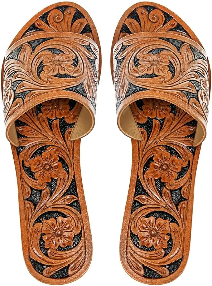 American Darling ADFT104 Hand tooled carved genuine leather sandal footwear flip flop