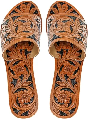 American Darling ADFT104 Hand tooled carved genuine leather sandal footwear flip flop