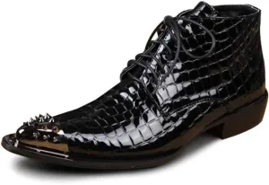 Ankle Boot for Men High Top Boot Lace Up StyleGenuine Leather Patent Leather Crocodile Texture Middle Heel