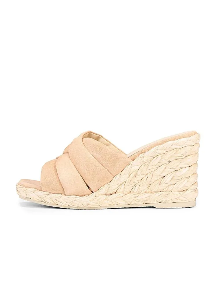 Apricot Multilayer Faux Suede Open-toe Slip-on Espadrille Wedge Sandals