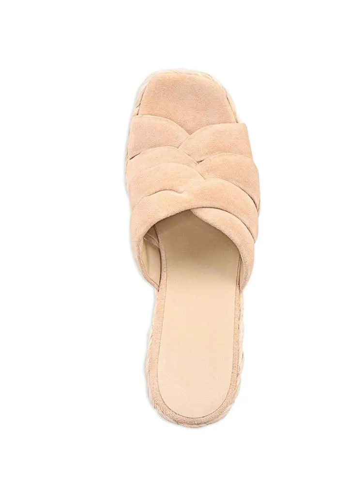 Apricot Multilayer Faux Suede Open-toe Slip-on Espadrille Wedge Sandals