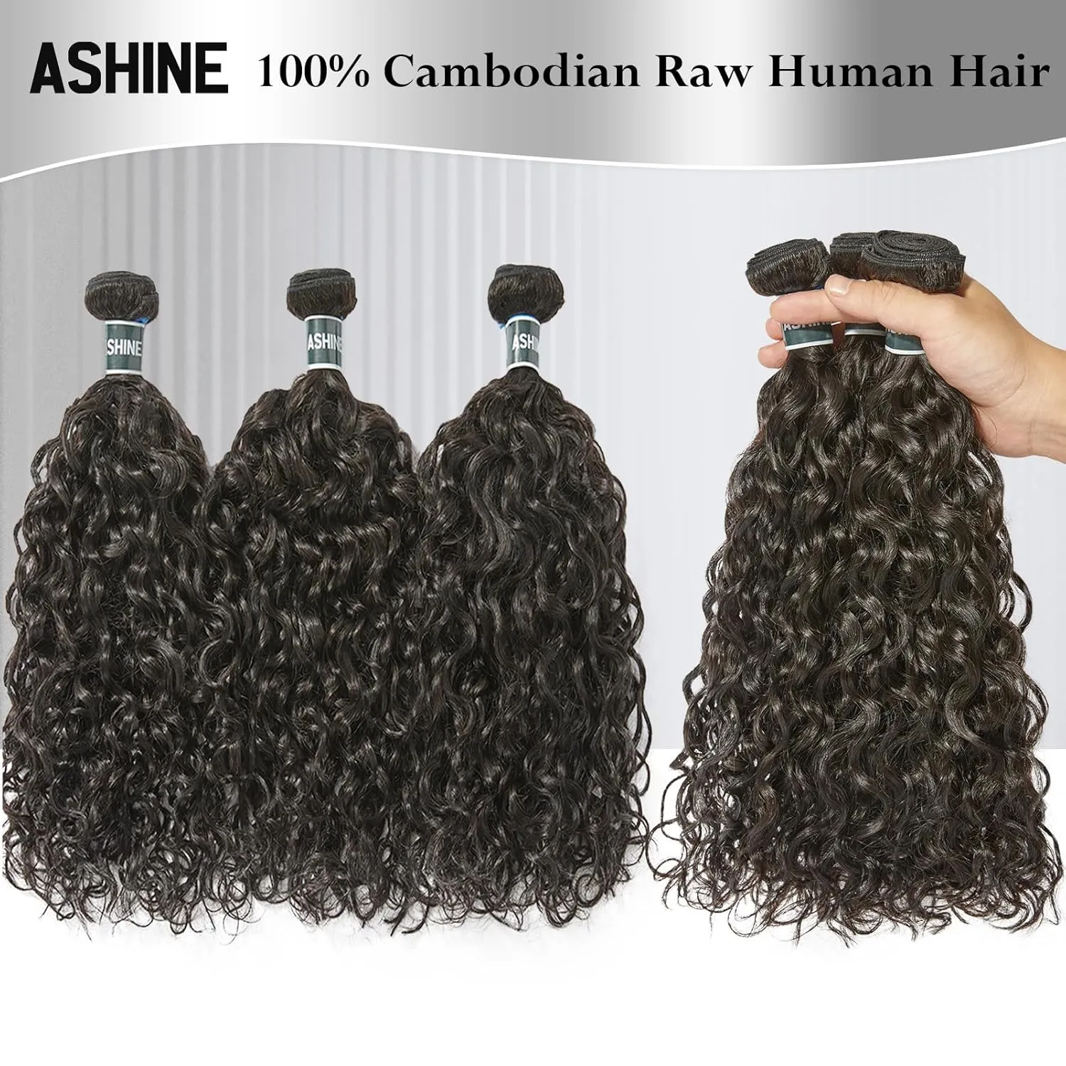 ASHINE Human Hair Bundle Deep Curly Water Wave, Unprocessed Cambodian Raw Hair 20 Inch, Flip Over Quick Weave Wet and Wave Bundles for Women Natural Black