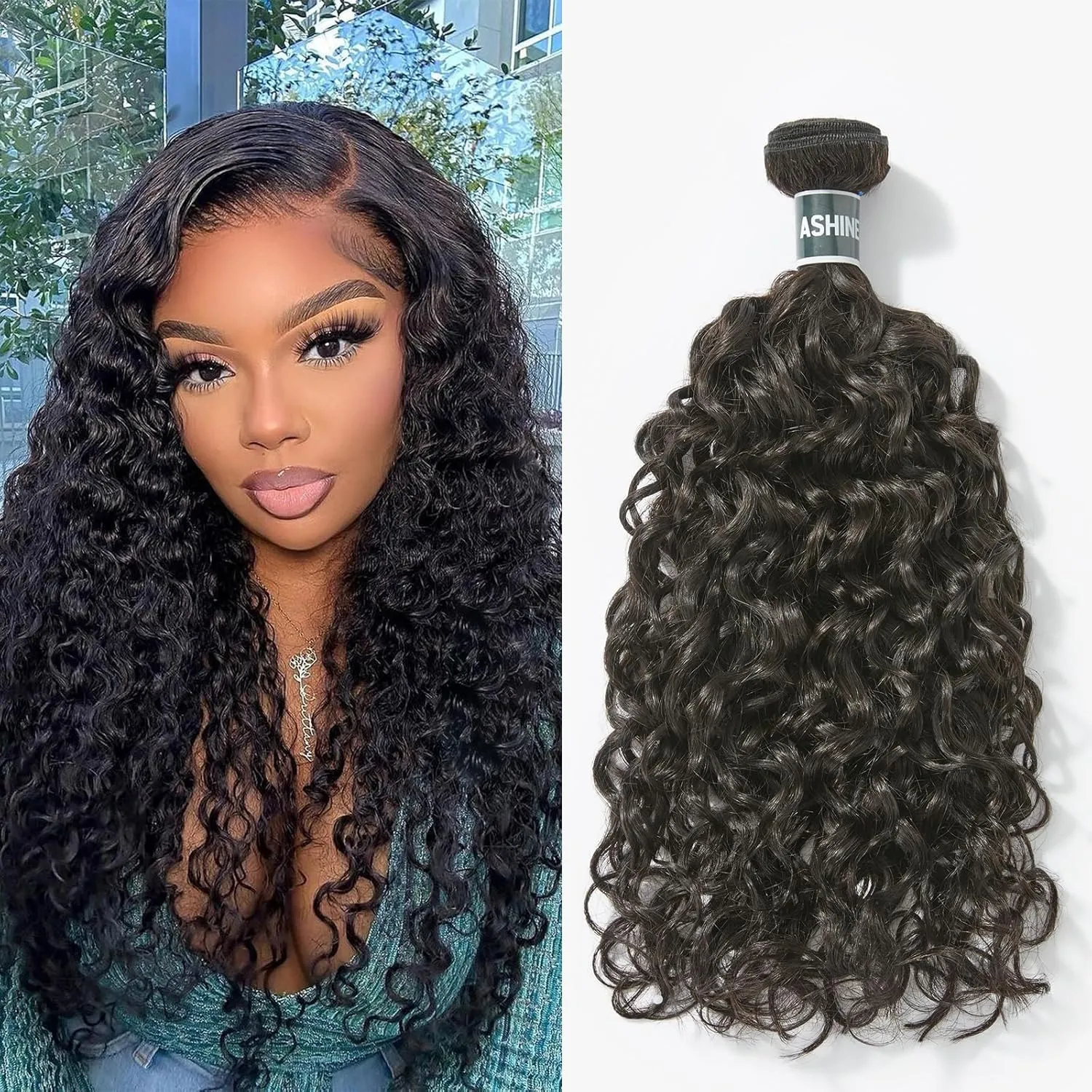 ASHINE Human Hair Bundle Deep Curly Water Wave, Unprocessed Cambodian Raw Hair 20 Inch, Flip Over Quick Weave Wet and Wave Bundles for Women Natural Black