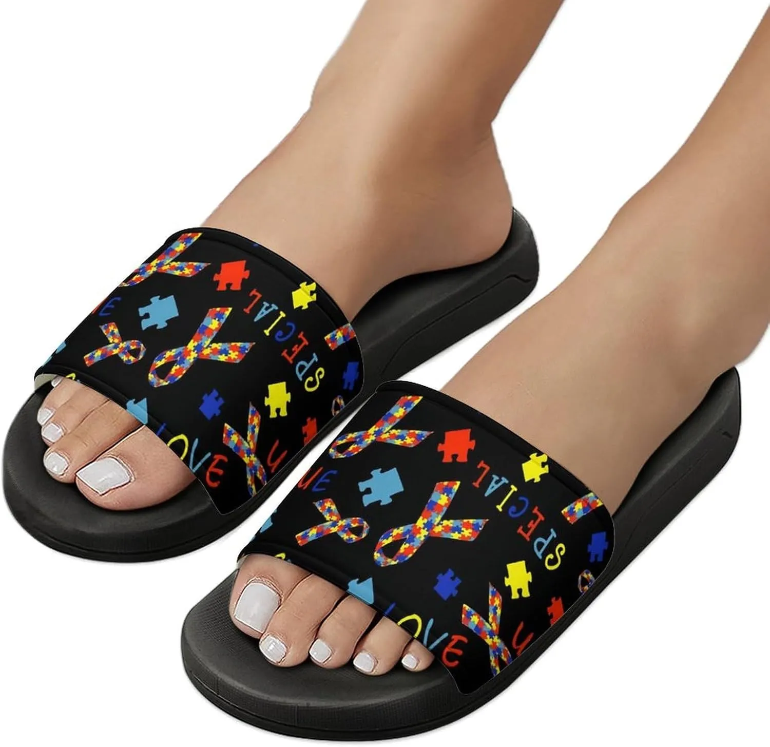 Autism Awareness Love Womens Slide Sandals Non Slip Summer House Slippers for Girls Slip-on Flip Flops