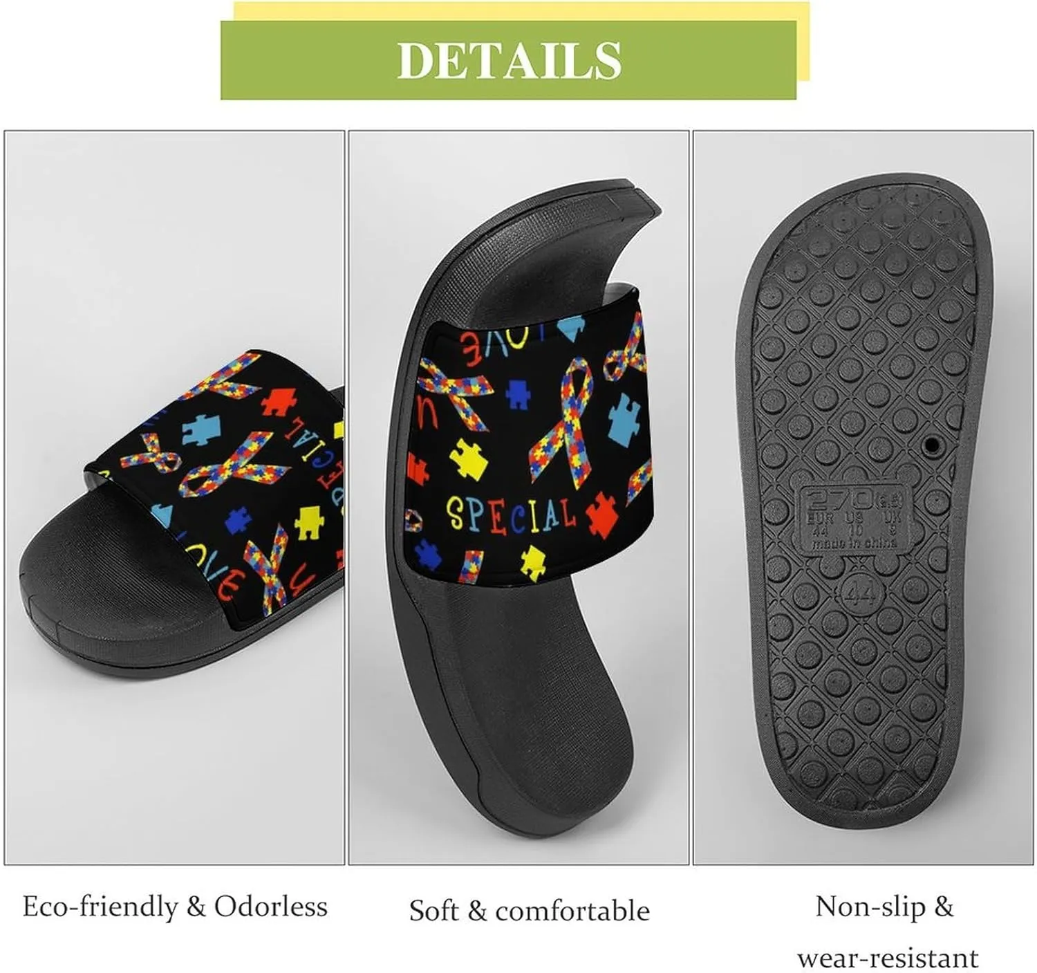 Autism Awareness Love Womens Slide Sandals Non Slip Summer House Slippers for Girls Slip-on Flip Flops
