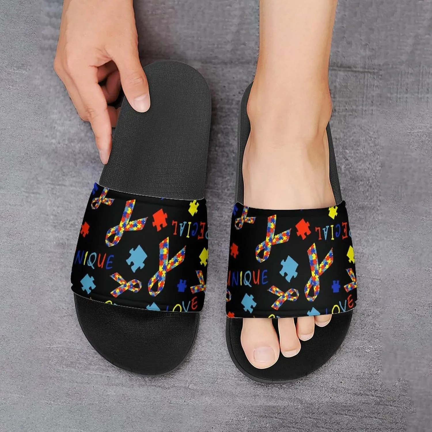 Autism Awareness Love Womens Slide Sandals Non Slip Summer House Slippers for Girls Slip-on Flip Flops