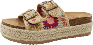BAMBOO Women Round Toe Double Buckle Strap Slip-On Platform Sandal Embroidered Platform Sandals
