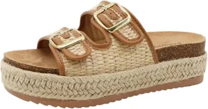 BAMBOO Women Round Toe Double Buckle Strap Slip-On Platform Sandal Embroidered Platform Sandals