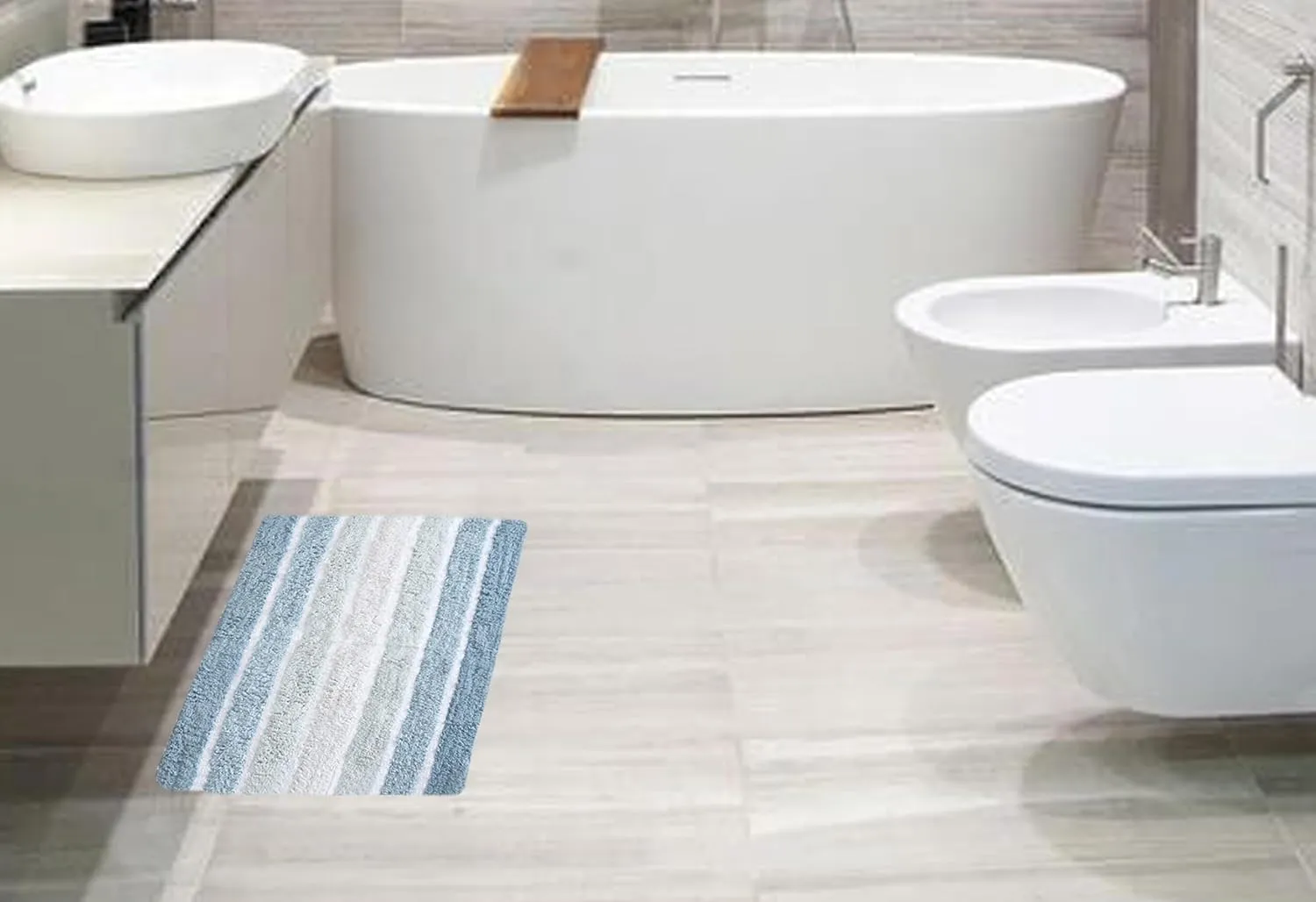 Bathroom Rugs Set 2 Piece Blue Alpine Stripe Reversible Cotton Bath Mats for Bathroom Floor |Quick Dry Bath Mat for Tub Spa Shower|Living Room Entry Way Door Mats |21x32 & 17x24 Inches