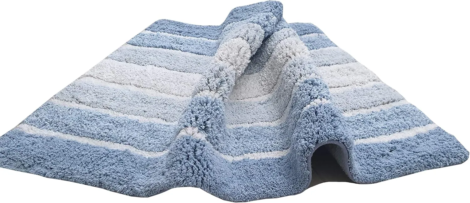 Bathroom Rugs Set 2 Piece Blue Alpine Stripe Reversible Cotton Bath Mats for Bathroom Floor |Quick Dry Bath Mat for Tub Spa Shower|Living Room Entry Way Door Mats |21x32 & 17x24 Inches