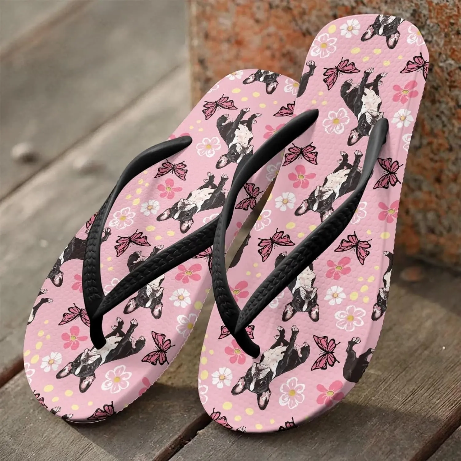 Bee Dragonfly Print Walking Flip Flops Shower Shoes for Women Beach Flat Sandals Thong Slippers