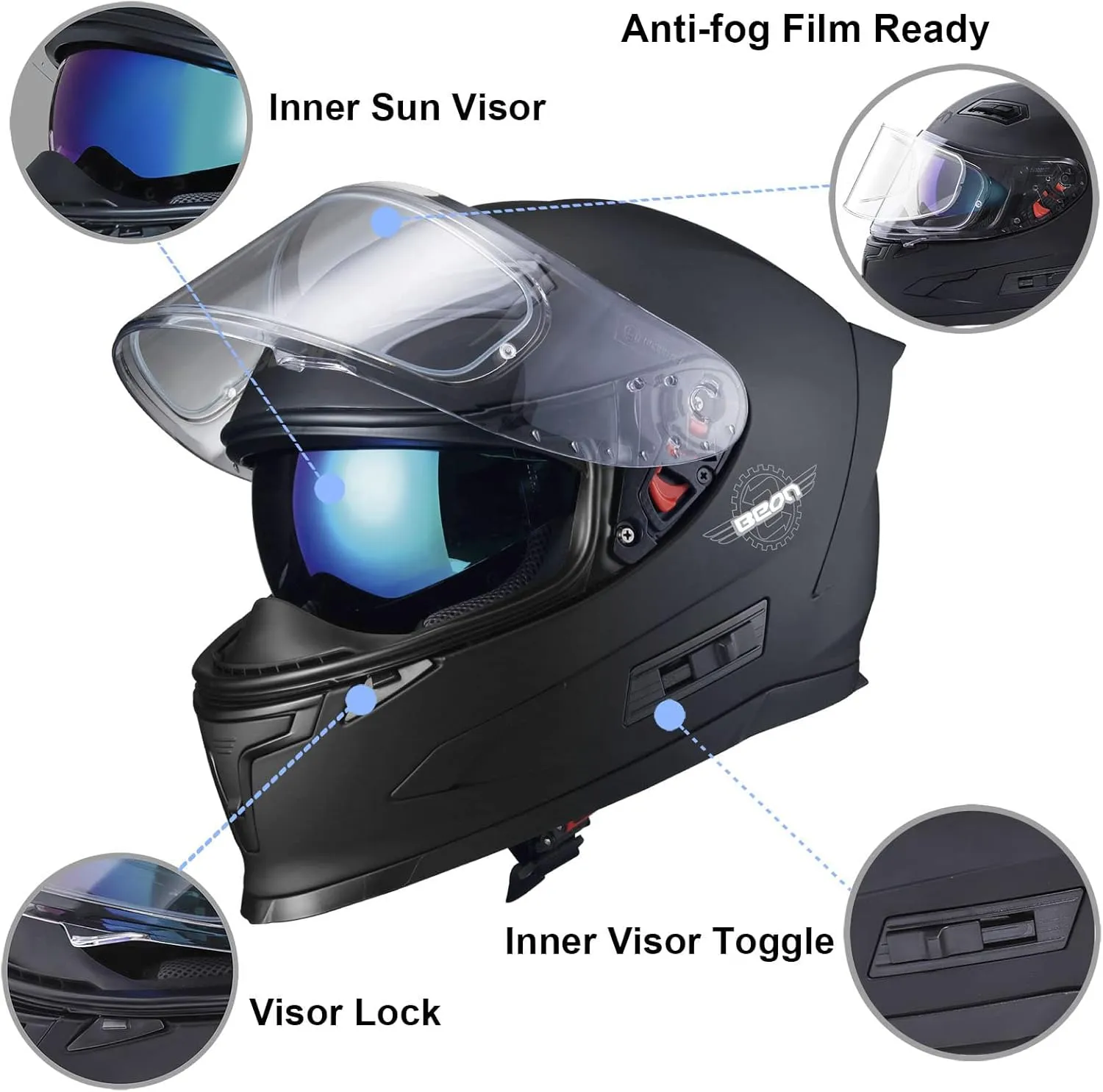 BEON Full Face Motorcycle Helmet, Street Bike Helmet with Clear&Tinted Visors and Multiple Vents, Motocross Casco DOT Approved for Adult Men Women