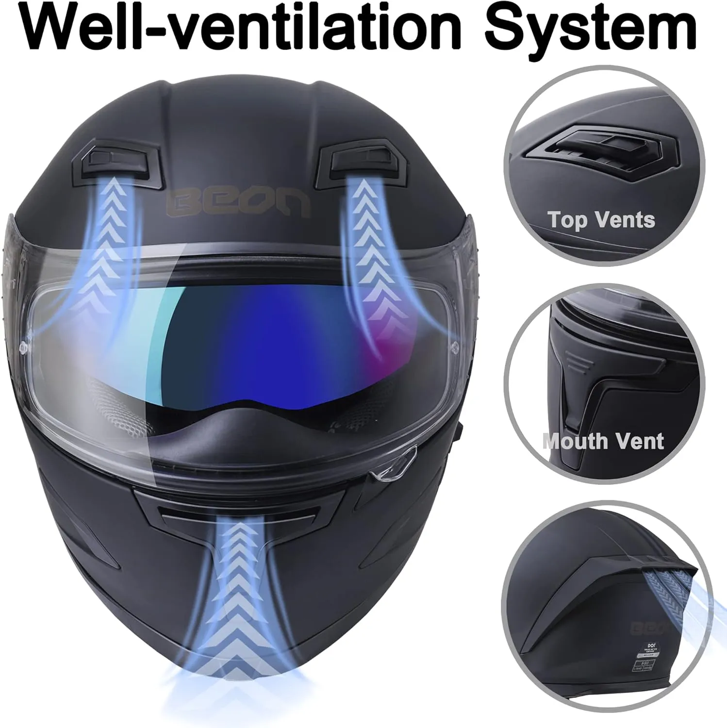 BEON Full Face Motorcycle Helmet, Street Bike Helmet with Clear&Tinted Visors and Multiple Vents, Motocross Casco DOT Approved for Adult Men Women