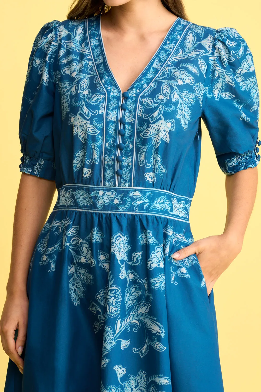 Border Print Cotton Dress - Blue Chintz Print
