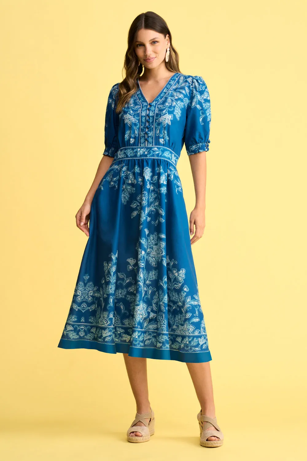 Border Print Cotton Dress - Blue Chintz Print