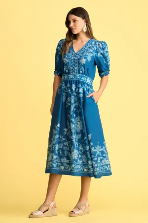 Border Print Cotton Dress - Blue Chintz Print