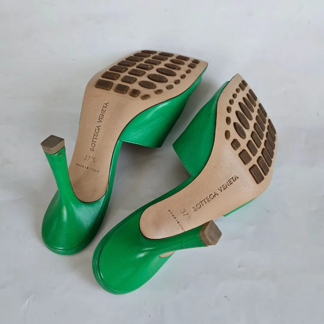 Bottega Veneta Green Square Toe Stretch Mule Sandal Heels, 37.5