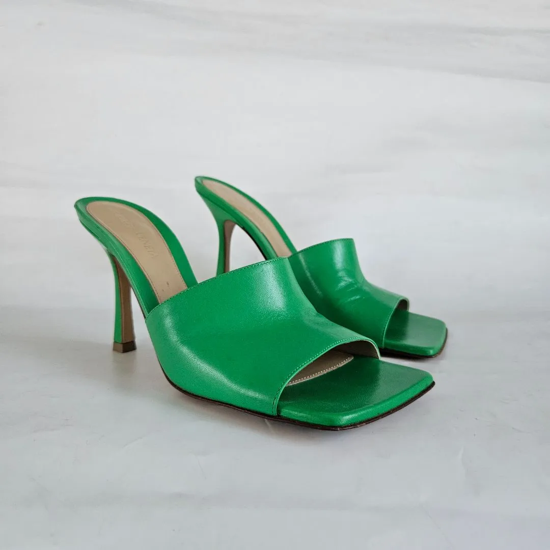 Bottega Veneta Green Square Toe Stretch Mule Sandal Heels, 37.5