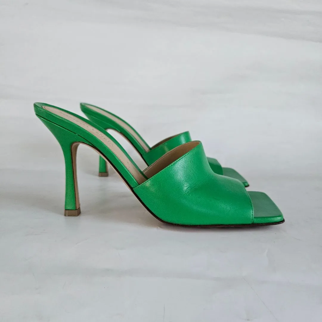 Bottega Veneta Green Square Toe Stretch Mule Sandal Heels, 37.5