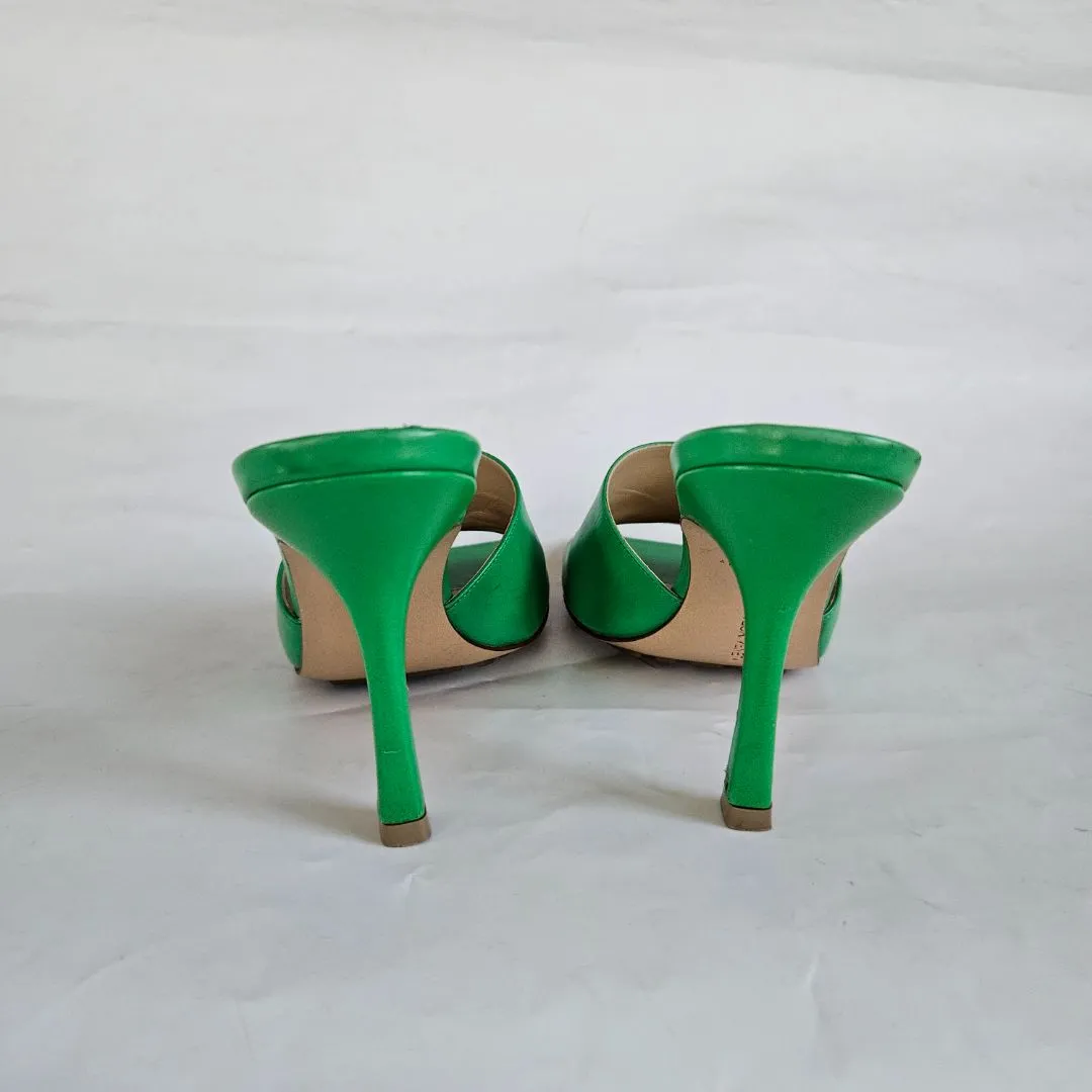 Bottega Veneta Green Square Toe Stretch Mule Sandal Heels, 37.5