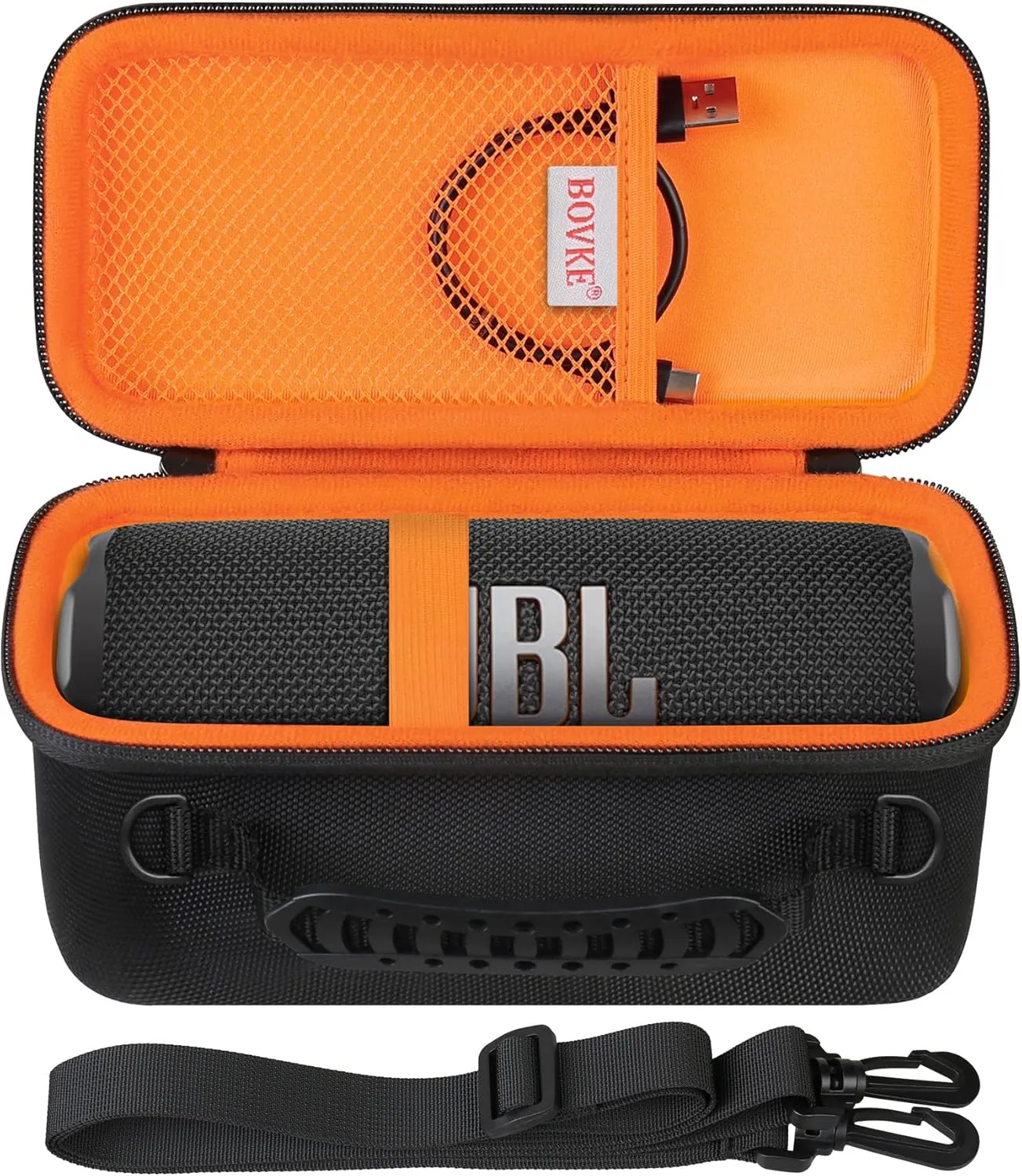 BOVKE Carrying Case for JBL Flip 7 Waterproof Portable Bluetooth Speaker, Flip 7 Protective Storage Holder Bag with Shoulder Strap and Mesh Pocket for Cables, Accessories, Black