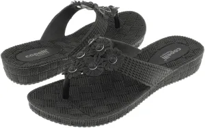 Capelli New York Woven Textured Injected Hooded Thong with Glitter Faux Leather Flowers Ladies Flip Flop