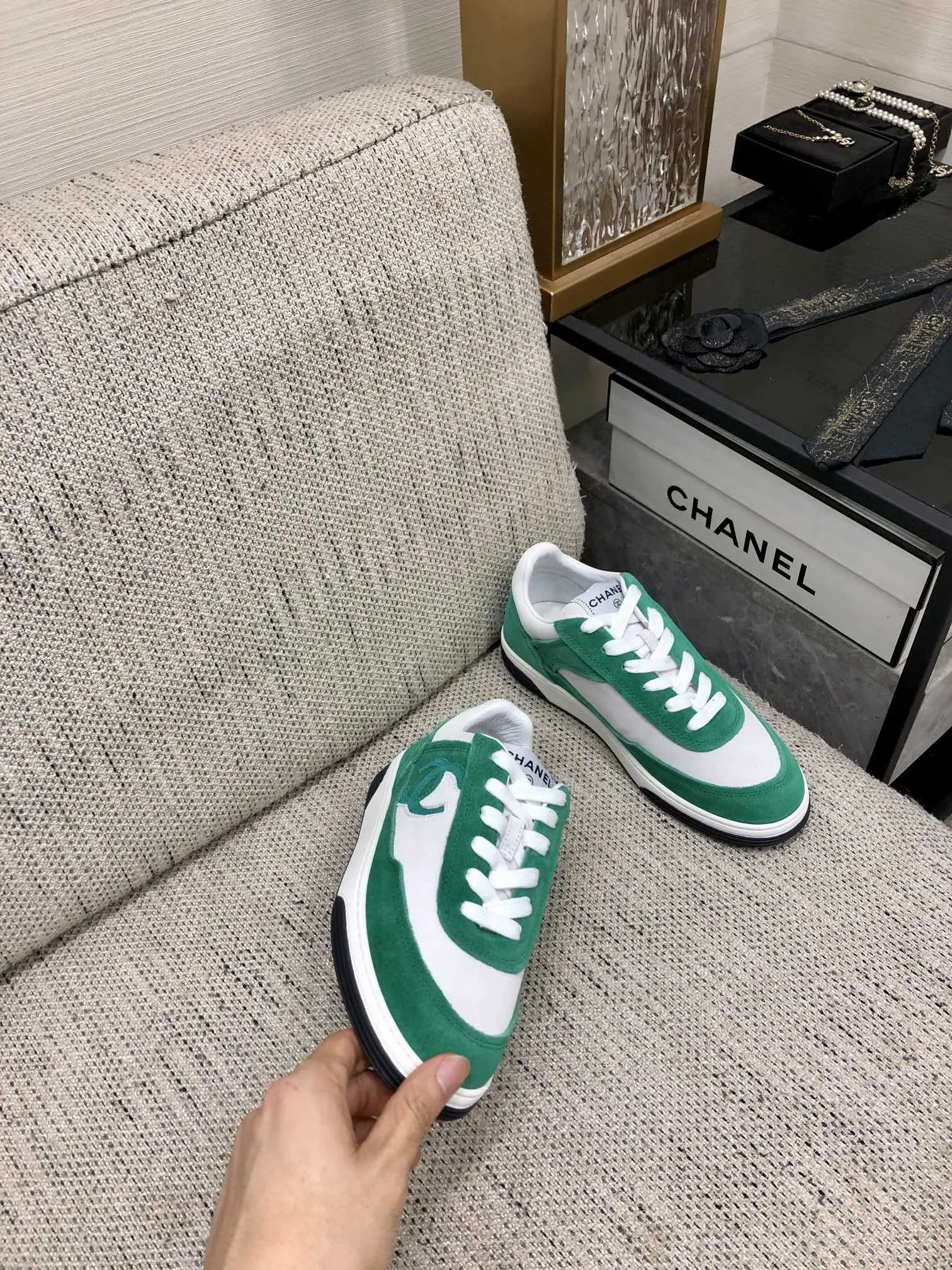 CC Sneaker In Green Mix White Suede