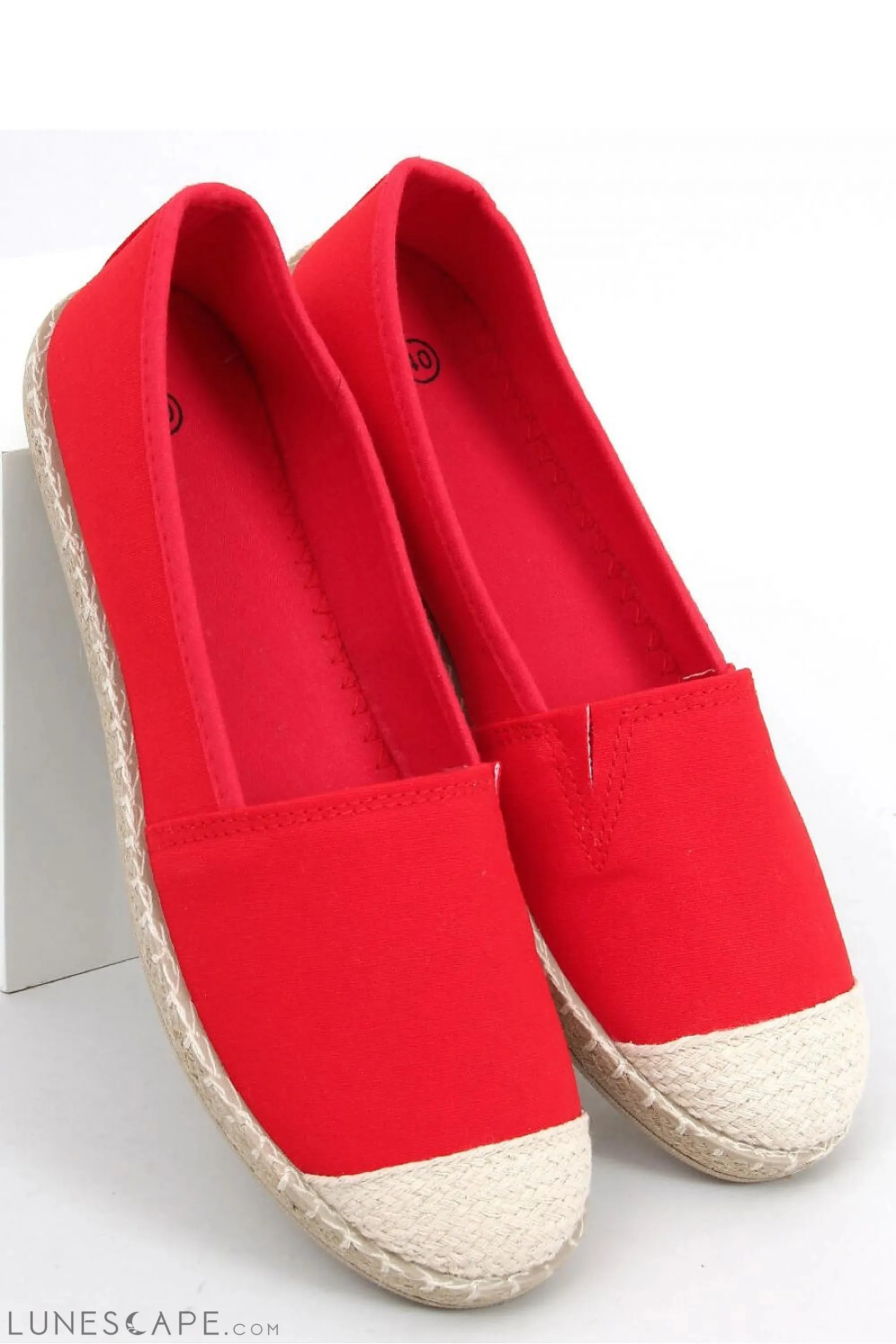 Cherry Red Round Toe Linen Women's Espadrille Flats with Jute Cap Toe