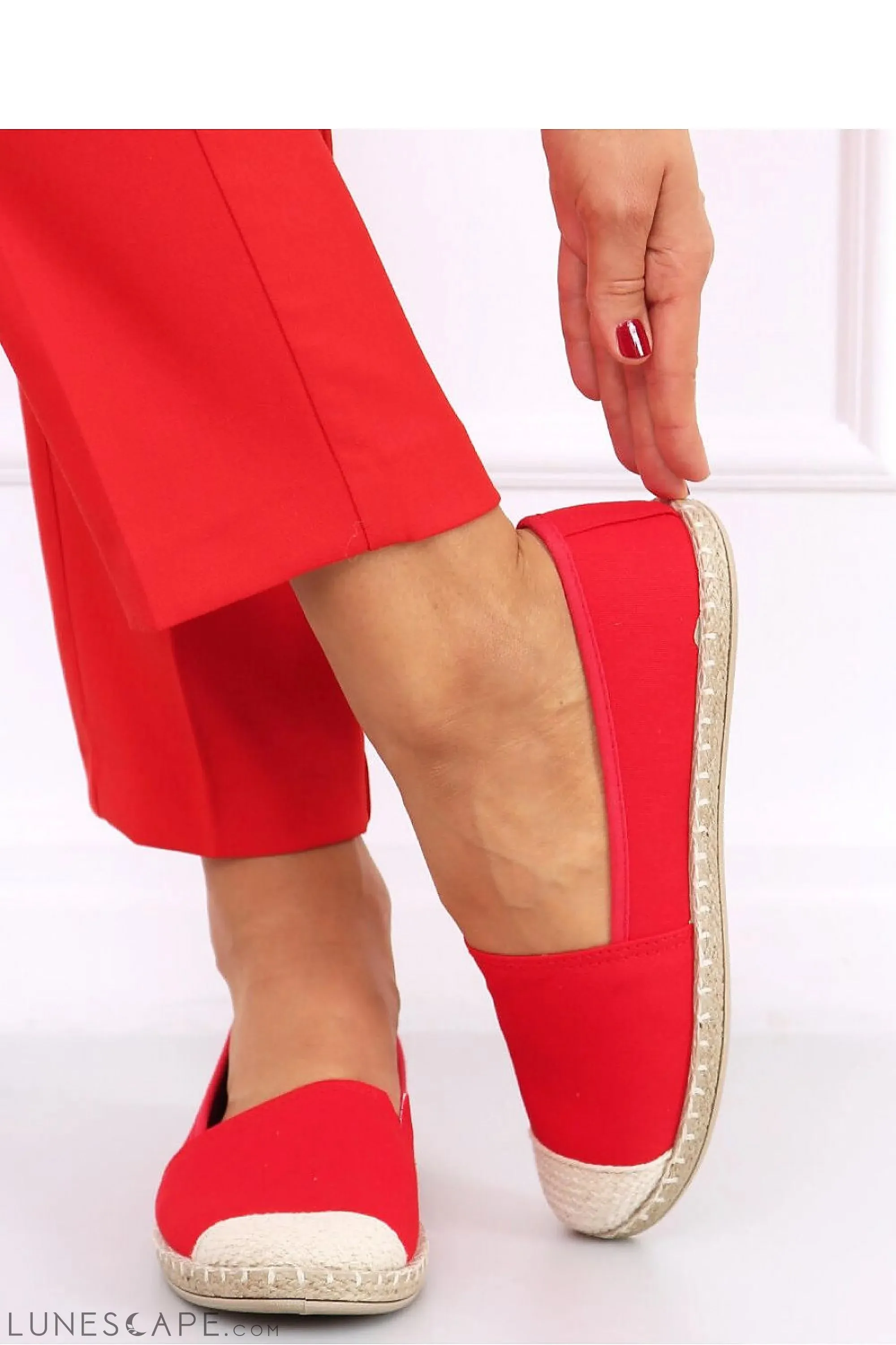 Cherry Red Round Toe Linen Women's Espadrille Flats with Jute Cap Toe