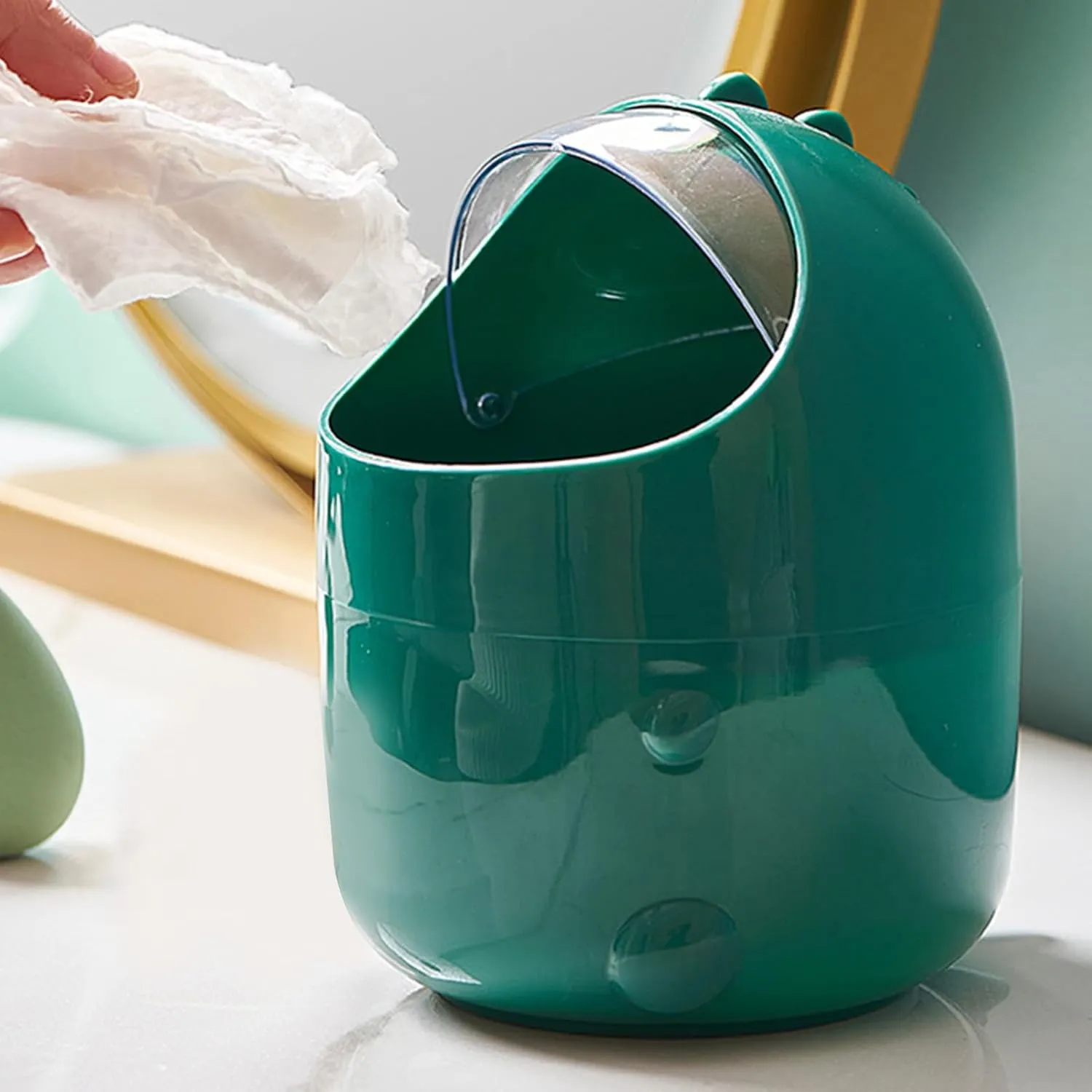 CHICIRIS Desktop Trash Can, Plastic Garbage Bin Mini Countertop Trash Bin with Flip Lid for Kitchen Bathroom Bedroom Office Dorm, 5.9 x 7.7in Cartoon Dinosaur (Green)