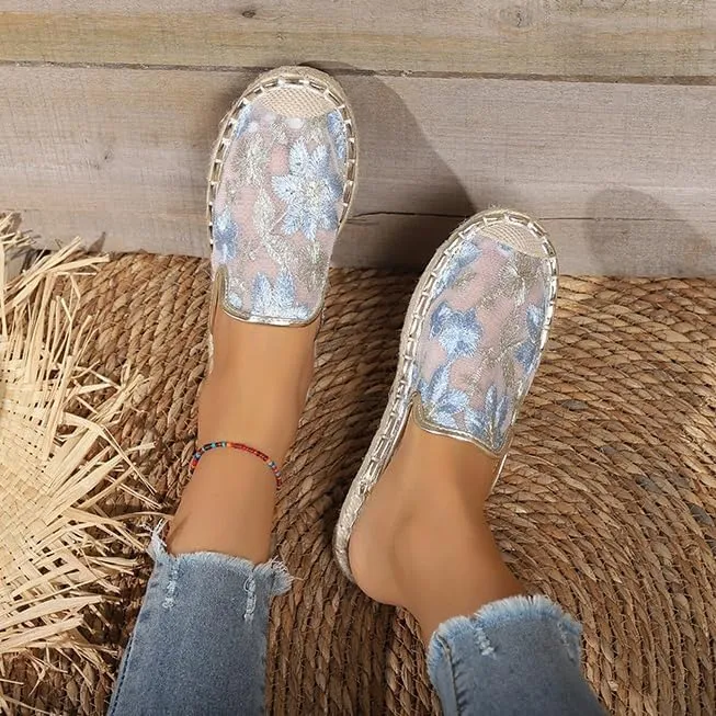 Chinese Slippers for Women Summer Floral Embroidered Mesh Sandals Slides Closed Toe Indoor Outdoor Flat Slipper