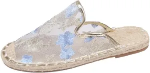 Chinese Slippers for Women Summer Floral Embroidered Mesh Sandals Slides Closed Toe Indoor Outdoor Flat Slipper