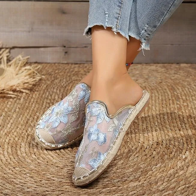 Chinese Slippers for Women Summer Floral Embroidered Mesh Sandals Slides Closed Toe Indoor Outdoor Flat Slipper