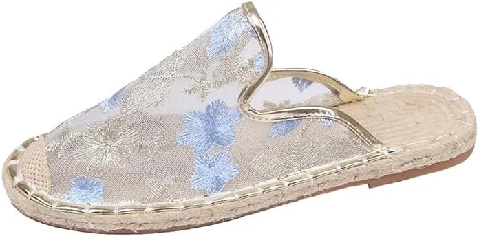 Chinese Slippers for Women Summer Floral Embroidered Mesh Sandals Slides Closed Toe Indoor Outdoor Flat Slipper