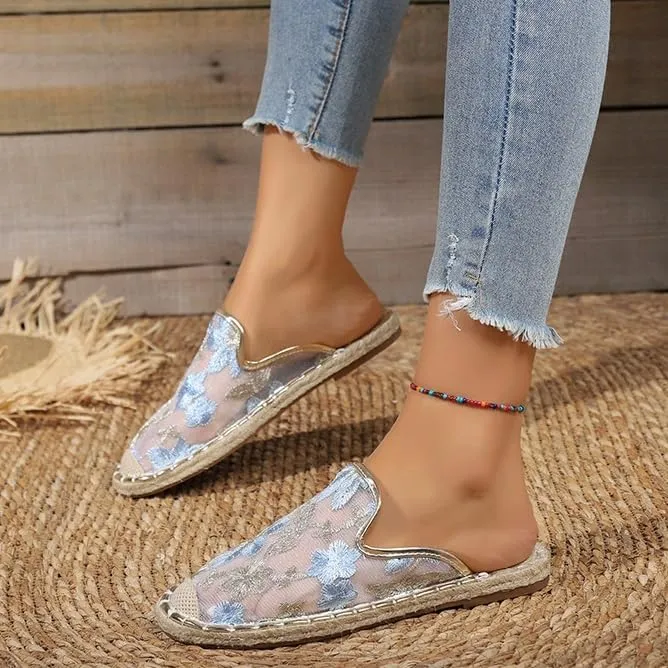Chinese Slippers for Women Summer Floral Embroidered Mesh Sandals Slides Closed Toe Indoor Outdoor Flat Slipper