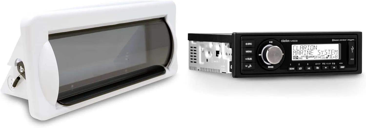 Clarion M508 Single DIN Digital Media Receiver with Built-in Bluetooth with Creative Audio CAMC1B Marine Single DIN Radio Mounting Kit with Retractable Cover (White)