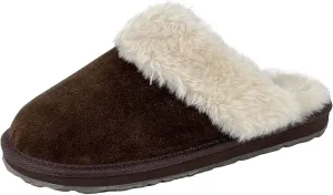 Clarks Womens Open Back Suede Leather Comfort Clog Slipper JMS0583C - Plush Faux Fur Trim - Indoor Outdoor House Slippers For Women (8 M US, Dk Brown)