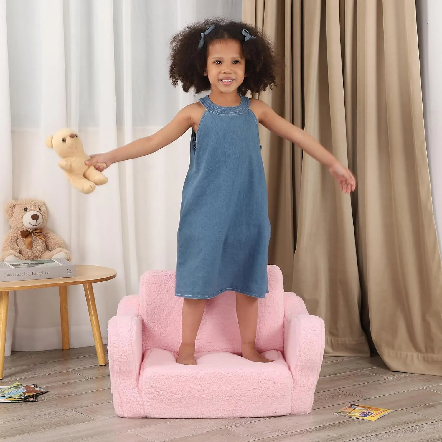 Comfy Toddler Chair, 2-in-1 Toddler Couch Fold Out, Convertible Sherpa Sofa to Lounger for Boys & Girls, Pink