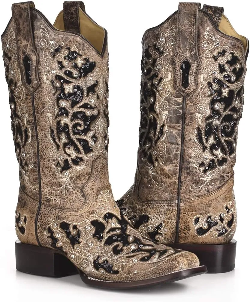 CORRAL A3648 Floral Embroidered Glitter Inlay and Studs Square Toe Boots