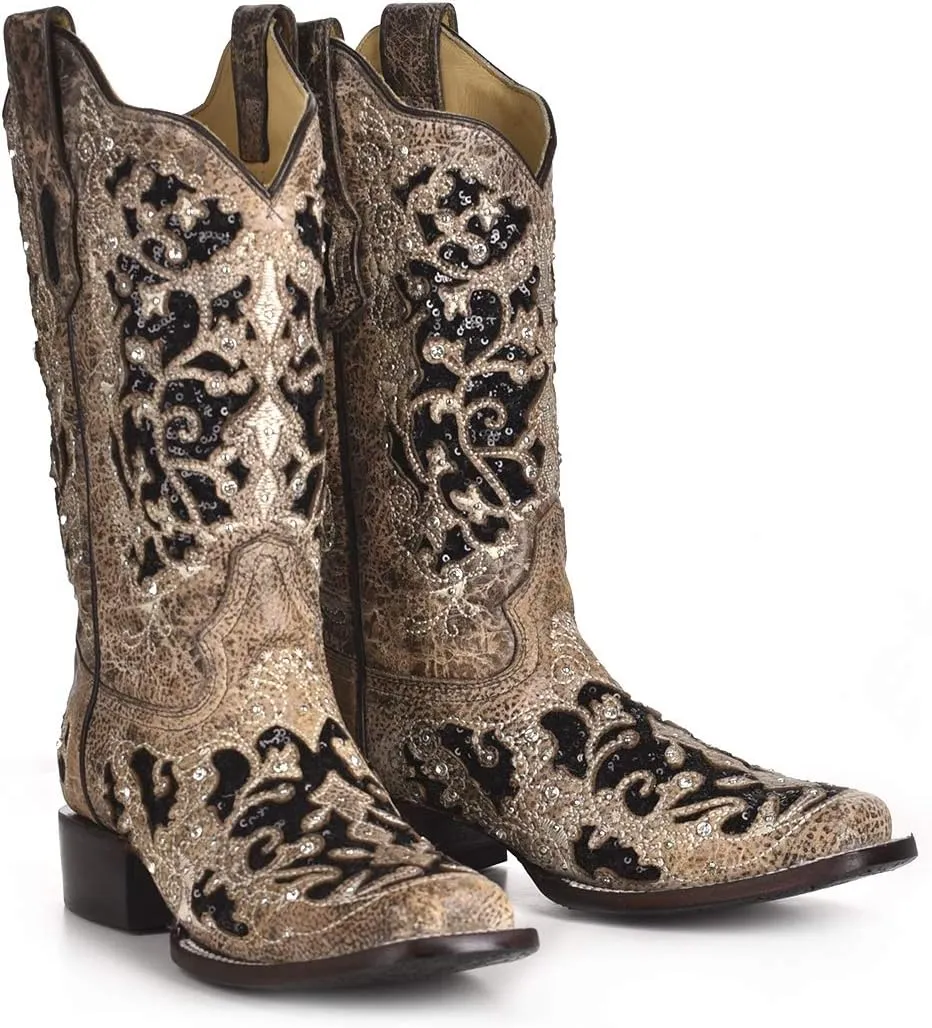 CORRAL A3648 Floral Embroidered Glitter Inlay and Studs Square Toe Boots