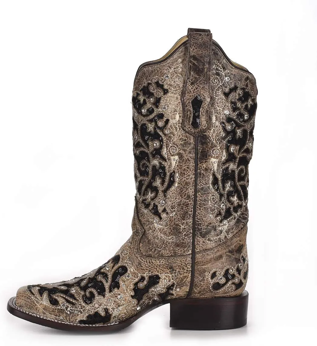 CORRAL A3648 Floral Embroidered Glitter Inlay and Studs Square Toe Boots