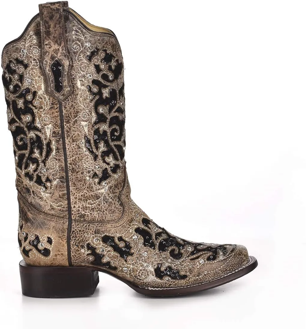 CORRAL A3648 Floral Embroidered Glitter Inlay and Studs Square Toe Boots